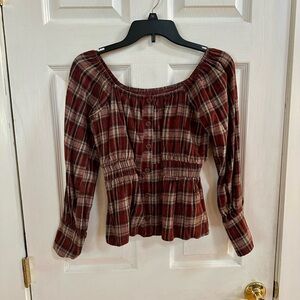 Brown Plaid Women’s Top with Buttons